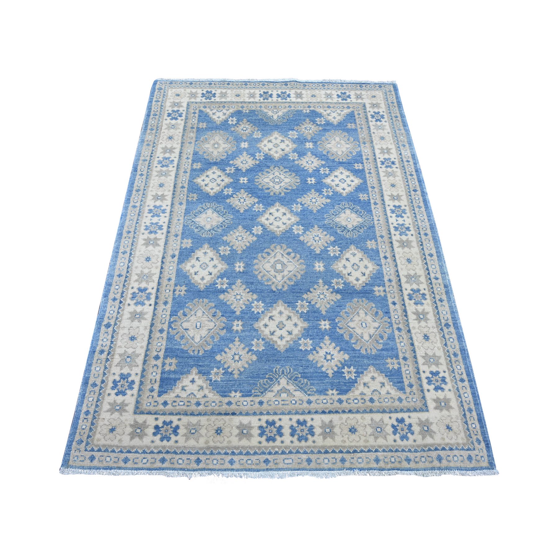 4'x5'9" Carolina Blue, Vintage Look Kazak with All Over Geometric Motifs, 100% Wool, Hand Knotted, Natural Dyes, Oriental Rug 